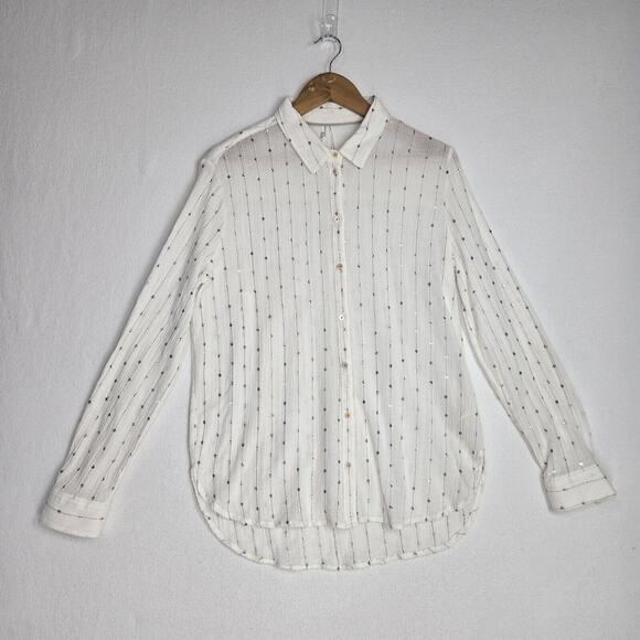 Feather Bone Gauzy Top Blouse Shirt Sz M White Sequins Accents Button Front Boho - Picture 14 of 14